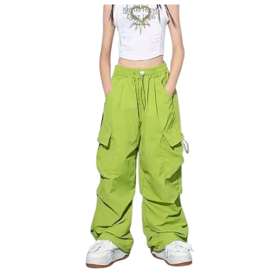 Ulitacool Girl Pants Streaight Leg Cargo Pants High Waisted Solid Color Drawstring Loose Fit Sweatpants With Pockets Lightrweight Daily Wear Light Green 3-4 Years
