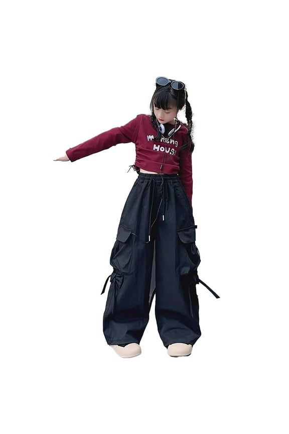 Girl Spring Trousers Solid Color Cargo Pants Wide Leg Jumpsuit Street Dance Pants Classic Playsuit Black 12-13 Years