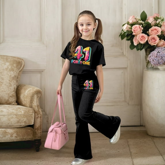 Ulitacool Girl Summer Clothes Crew Neck 2Pieces Set Short Sleeve Letter Graphic Tops Flared Pants Cute Outfits 11-12 Years Black