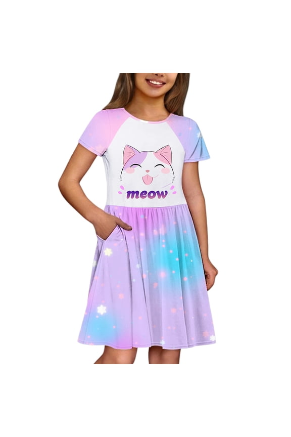 Girl Summer Dress Round Neck Sundress Party Summer Outfit Floral Print A Line Sleeveless Dresses Classic Wear Light Purple 9-10 Years