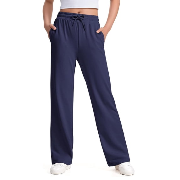 Ulitacool Girl Summer Trousers High Waist Sweatpants Straight Leg Joggers Loose Fit Trousers Solid Color Athletic Pants Relax Fit Wear Navy 9-10 years