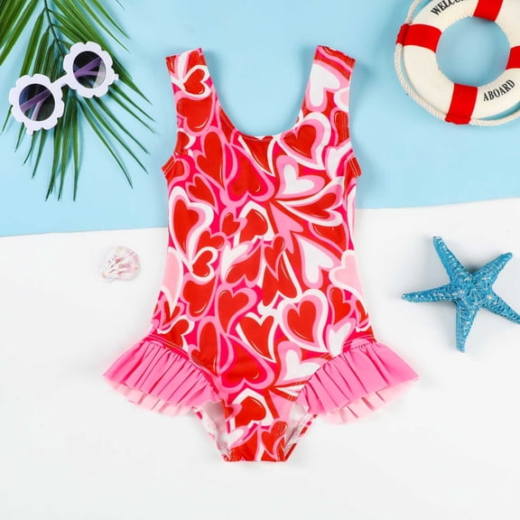 Ulitacool Girl Swimsuit Sleeveless Summer Printing Swimwear Beach Ruffles Swimsuit Bikini Cute Simple Clothes 4-5 Years Red