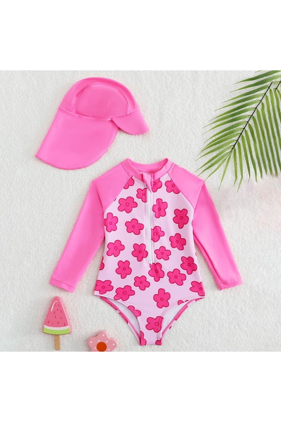Girl Swimsuits New Floral Print Long Sleeve One Pice Swimsuit With I Swim Cap Toddler & Kids Swimwear Cute Clothes 9-12 Months Red