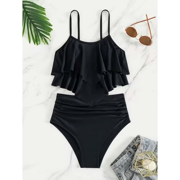 Ulitacool Girl Swimsuits Two Piece Swimwear Solid Color Bikini With Ruffled Back And Tankini Top For And Youth Adorable Playsuit 11-12 Years Black