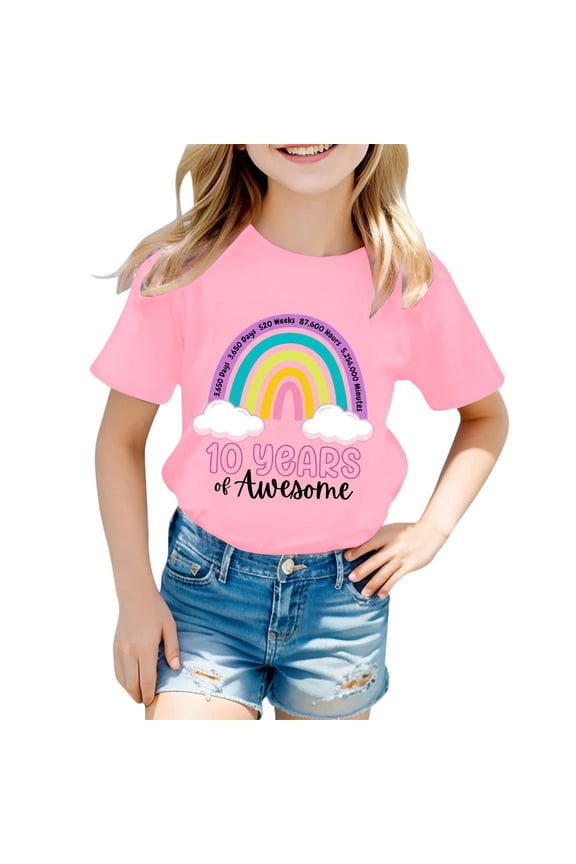 Girl T Shirt Comfortable Round Neck Tee Short Sleeve Tops Rainbow Prints Tops Girl Summer Tops 4-5 Years Pink2