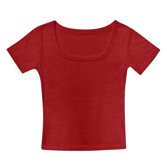 Ulitacool Girl T Shirts Crop Tops Short Sleeve Shirt Summer Tops Square Neck Slim Fit Tops Basic Tee Basic Wear Red 11-12 Years