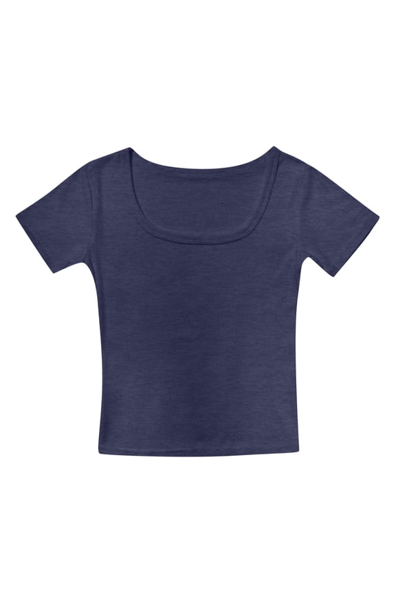 Girl T Shirts Crop Tops Short Sleeve Shirt Tops Square Neck Slim Fit Tops Basic Tee Elegant Spring Summer Clothes Navy 10-11 Years