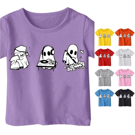 Ulitacool Girl Tops Halloween Crewneck Graphic Prints Short Sleeve Hallowma Tee 3-4 Years Purple