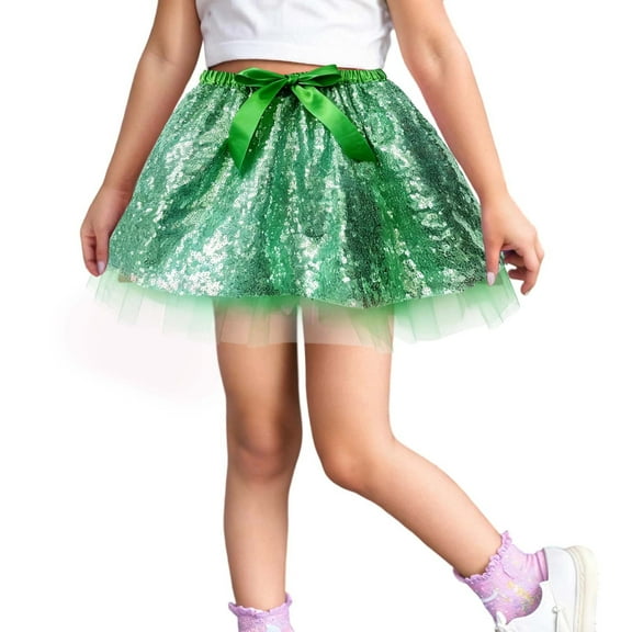 Ulitacool Girl Winter Dress Knee Length Tutu Skirts Dance Party Sequin Skirt Ballet Skirts Comfortable Playsuit Green 7-11 Years