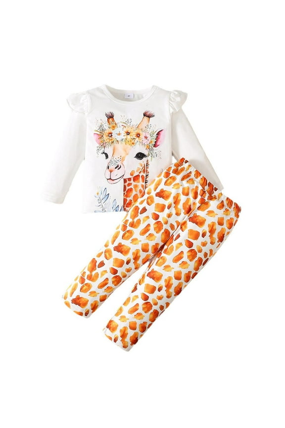 Girl Winter Outfits Toddler Winter Clothes Long Sleeve Top And Pants Playwear With Giraffe Print Design Daily Wear Retro Outfits Orange 7-8 Years