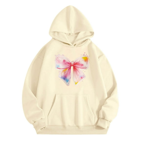 Ulitacool Girl Winter Sweatshirt Fall O Neck Hoodies And Sweatshirts Young Long Sleeve Hooded Sweatshirt With Bow Print And Pocket Tops Comfortable Clothes Beige 2-3 Years