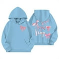 thumbnail image 1 of Ulitacool Girl Winter Sweatshirt Long Sleeve Bow Print Hooded Sweatshirt Pullover Warmth Jacket Toddler Youth Kids Autumn O Neck Tops Classic Wear Sky Blue 13-14 Years, 1 of 3