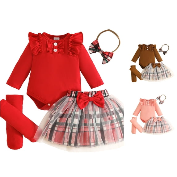 Ulitacool Girl's Outfits Round Neck Cartoon Pattern Long Sleeve Rompers Skirts With Headbands Retro Newborn Clothing 3-6 Months Red