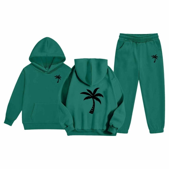 Ulitacool Girl's Outfits Toddler Casual Printed Hoodie Set Long Sleeve Sweatpants Pullover Top Matching Bottoms Fall Winter Pajamas Loungewear Dark Green