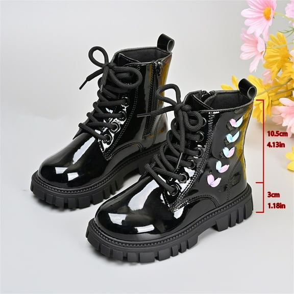 Ulitacool Girls Boots Ankle Boots With Floral Leather Upper Lace Up Side Zipper For Easy Wear Autumn Winter Boots Lightweight Soft Feetwear 8-9 Years Black