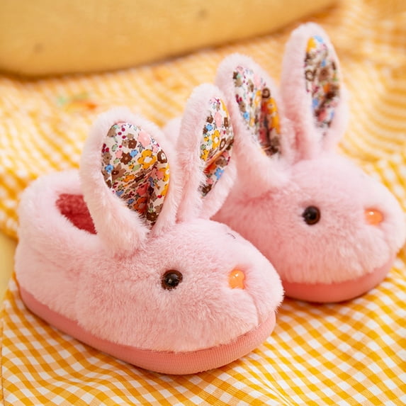 Ulitacool Girls Boots Autumn And Winter Girls Slippers Flat Bottom Soft Warm And Solid Color Cartoon Rabbit Shape Lovely Soft Feetwear 4-5 Years Pink