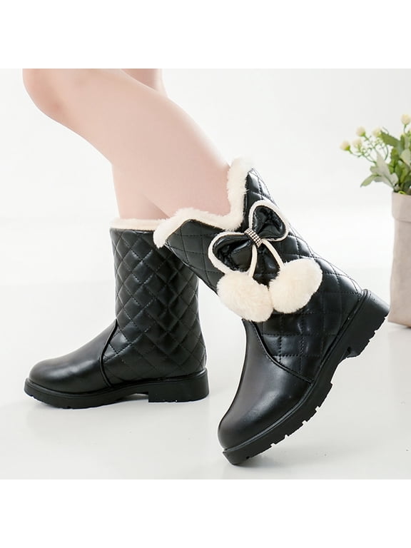 Girls Boots Girls' Autumn And Winter Boots Thick Soles Non Warm Solid Color Bow Boots Cute Soft Feetwear 10-11 Years Black