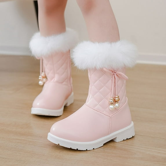Ulitacool Girls Boots Girls' Autumn And Winter Boots Platform Soles Non Warm Comfort Solid Color Bow Side Zip Boots Casual Soft Feetwear 7-8 Years Pink