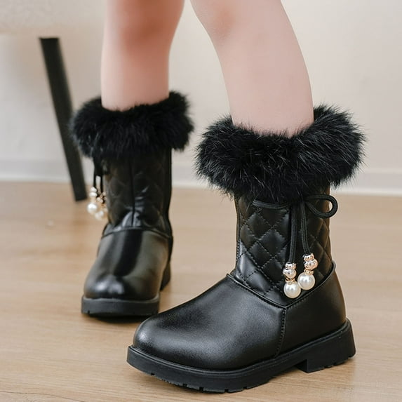 Ulitacool Girls Boots Girls' Autumn And Winter Boots Platform Soles Non Warm Comfort Solid Color Bow Side Zip Boots Comfy Soft Feetwear 9-10 Years Black