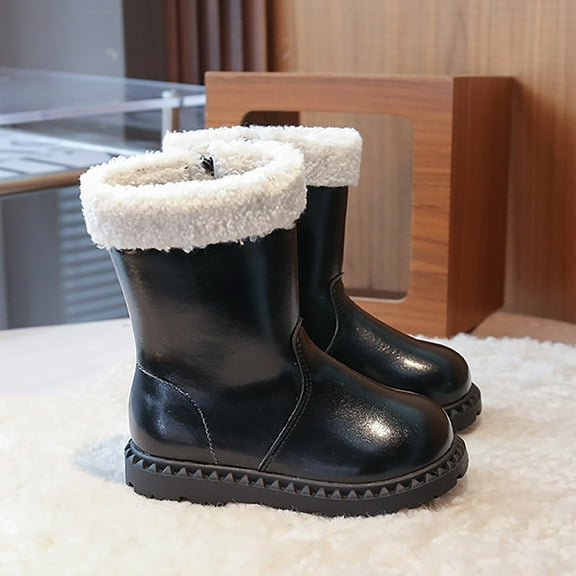 Ulitacool Girls Boots Winter Warm Lined Girls Mid Calf Boots Boots Non Outdoor Shoes Relax Fit Soft Feetwear 3-4 Years Black