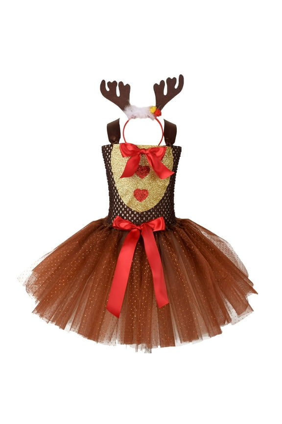 Girls Christmas Dress Kids Deer Xmas Historical Dress Hairband Outfits Fall Winter Retro Clothes Brown 0-6 Months