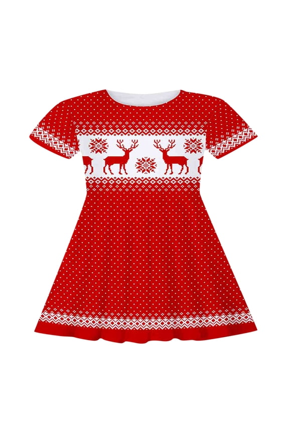 Girls Christmas Dress Short Sleeve Xmas Cartoon Deer Prints Striped Dress Crewneck Flower Dress Fall Winter Trend Wear White 6-7 Years