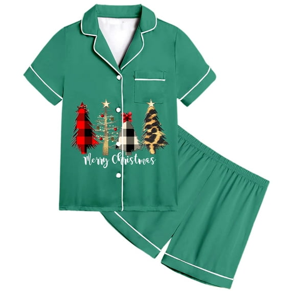 Ulitacool Girls Christmas Pajamas Short Sleeve Lappel Button Down Xmas Sleepwear Top And Pants Jammies Christmas Tree Printed New Year Nightwear Autummn Winter Retro Clothes 4-5 Years Green