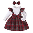thumbnail image 1 of Ulitacool Girls Dress 6-9 Months Long Sleeve Striped Plaid Bow Decorated Dress With Headband Set Crewneck Outfits Warmth Outfits Red, 1 of 7