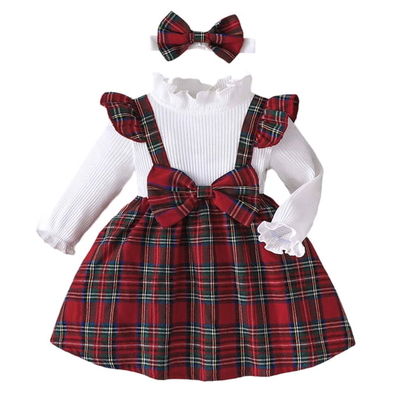Ulitacool Girls Dress 6-9 Months Long Sleeve Striped Plaid Bow Decorated Dress With Headband Set Crewneck Outfits Warmth Outfits Red