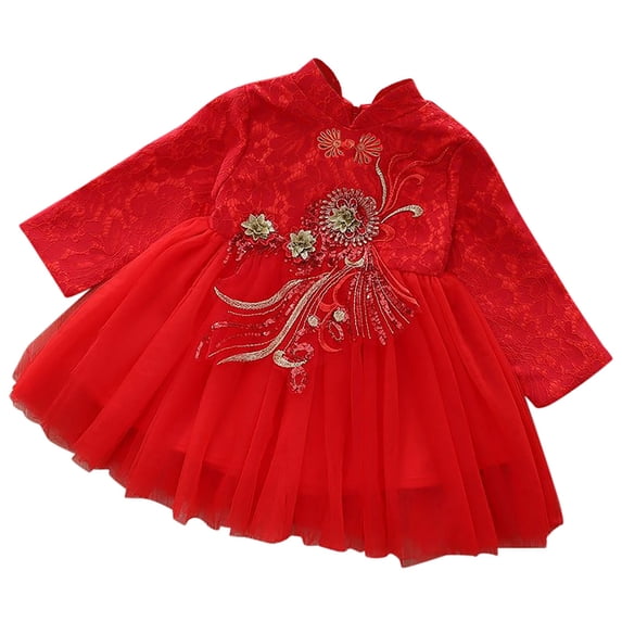 Ulitacool Girls Dress Long Sleeve Crewneck Cartoon Prints Performance Dresses Versatile Daily Wear 5-6 Years Red