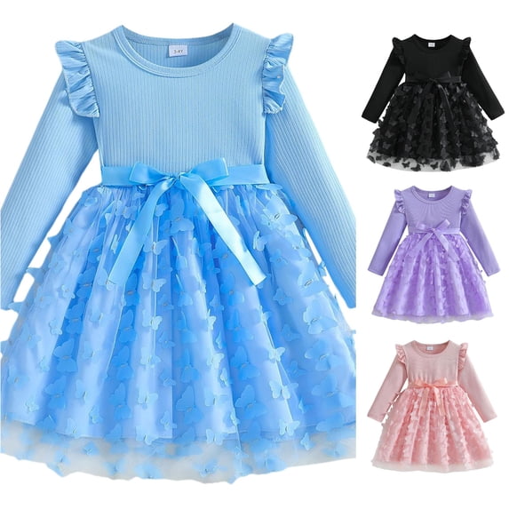 Ulitacool Girls Dress O Neck Bowknot Solid Color Long Sleeve Dresses Classic Clothes 5-6 Years Blue