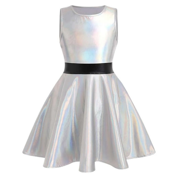 Ulitacool Girls Dresses 150 Sleeveless Dress For Toddler Dance Performance Shiny Metallic Flare Party Dress Pretty Girl Clothing Silver