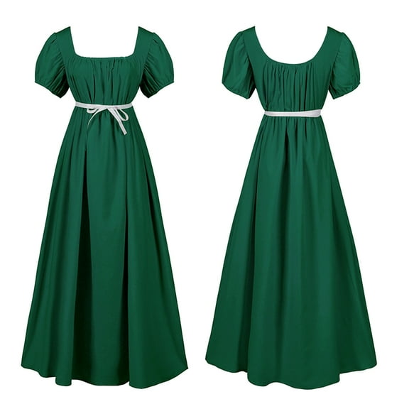 Ulitacool Girls Dresses 16-17 Years Plus Size Big Dresses Ruffled Classical Puff Sleeve Empire Waist Dress Belt Gown Trend Girl Clothing Green