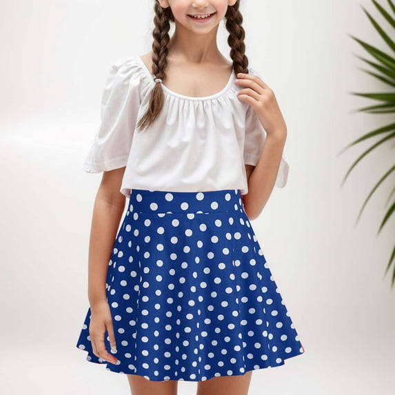Ulitacool Girls' Dresses 7-8 Years Kids Polka Dot Print Vintage Skirt Trend Girl Clothing Blue