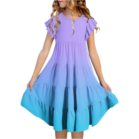 Ulitacool Girls Dresses 8-9 Years Summer Dresses Double Layer Flutter Sleeve Flowy A Line Dress Gradient Midi Dresses Pretty Girl Clothing Sky Blue