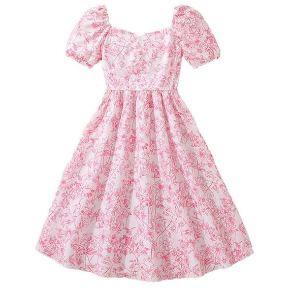 Ulitacool Girls Dresses O Neck Dress Big Child Puffed Sleeve French Floral Style Waist Dress Long Sleeve Sundress Basic Clothes Pink 7-8 Years