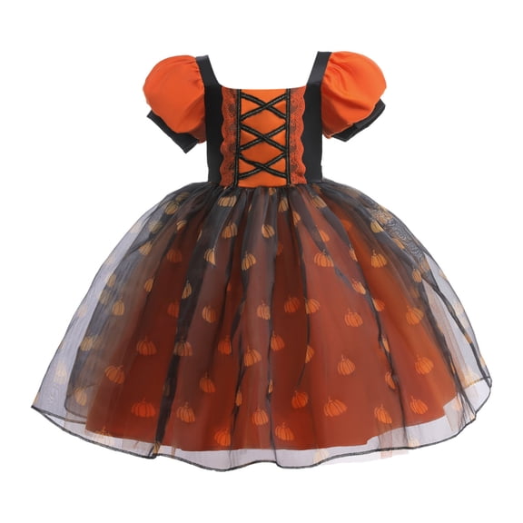 Ulitacool Girls Dresses Round Neck Leopard Print Dress Long Sleeve Party Gown With Flowy Skirt For And Photoshoots Relax Fit Wear Orange 5-6 Years