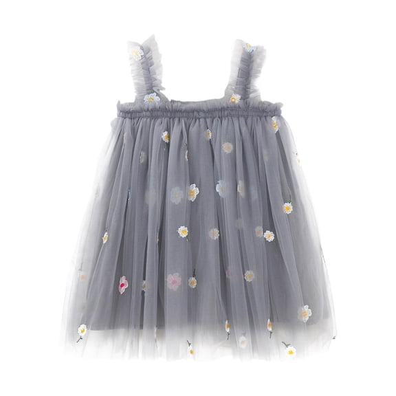 Ulitacool Girls Dresses Round Neck Sleeveless Holiday Party Outfit Floral Dress Dance Party Dresses Elegant Clothes Grey 18-24 Months