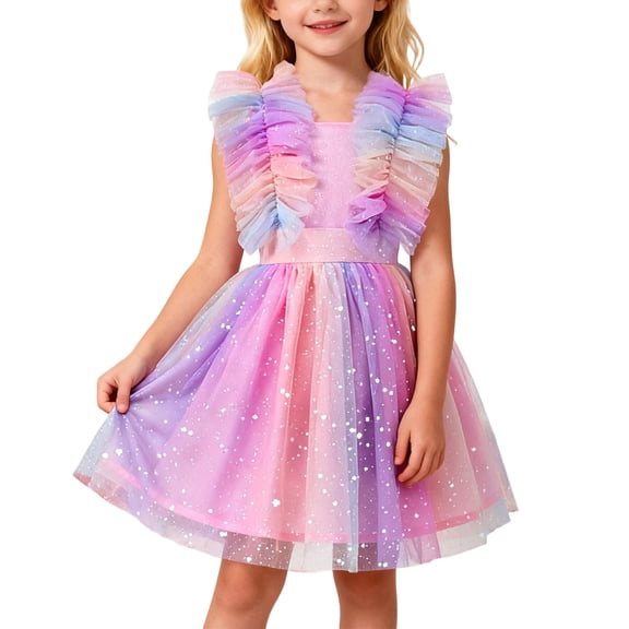 Ulitacool Girls' Dresses Round Neck Sleeveless Sequin Ruffles Dress Dance Party Dresses Casual Playsuit Hot Pink 6-7 Years