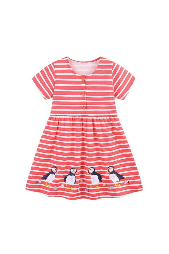 Girls Dresses Short Sleeve Crewneck Sundress Animal Embroidered Striped Dress Short Sleeve Party Outfit Adorable Clothes Watermelon Red 12-24 Months