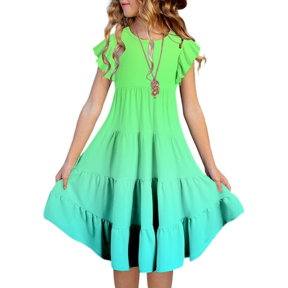 Ulitacool Girls' Dresses Short Sleeve Summer Round Neck Ruffle Layered A Line Gradient Dress Elegant Wear Green 8-9 Years