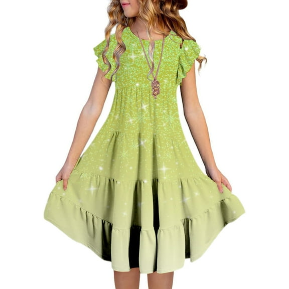 Ulitacool Girls' Dresses Short Sleeve Summer Round Neck Ruffle Layered A Line Gradient Dress Leisure Wear Yellow 6-7 Years