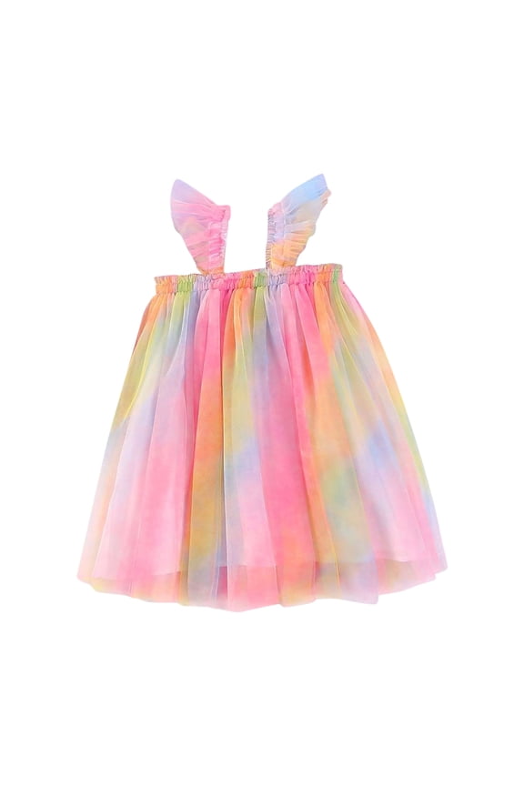 Girls Dresses Sleeveless Crewneck Sundress Fly Sleeve Rainbow Tie Dye Dress Dance Party Dresses Clothes Leisure Clothes Hot Pink 18-24 Months
