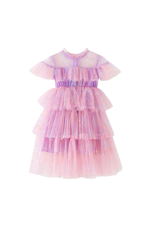 Girls Dresses Sleeveless Round Neck Fly Sleeve Star Moon Sequin Dress Rainbow Tie Dye Dance Party Ruffles Dresses Fashionable Playsuit Purple 5-6 Years