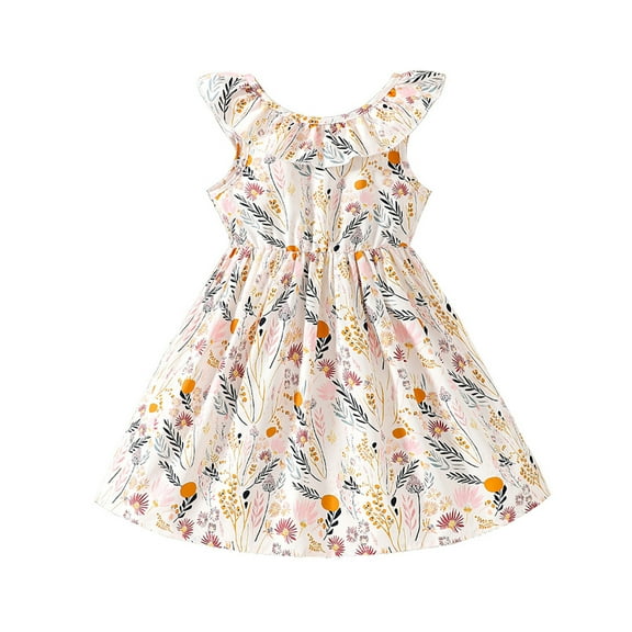 Ulitacool Girls' Dresses Sleeveless Round Neck Girl Sun Dress Floral Seaside Beach Dress Overall Outfits Sundress Sweet Clothes Beige 2-3 Years