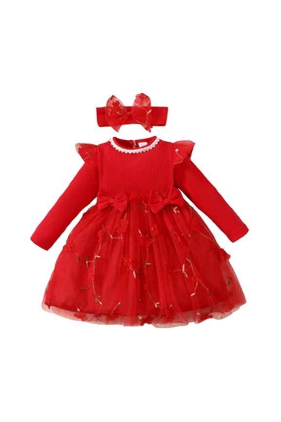 Girls Fall Dress 18-24 Months Kids Toddler Baby Spring Autumn Print Ruffle Headbands Long Sleeve Dress Trend Daily Wear Red