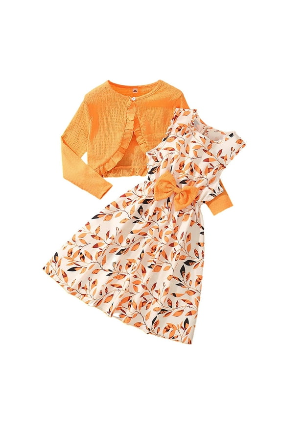 Girls Fall Outfits Floral Print Bow Dress With Ruffled Sleeve Short Jacket 2 Piece Kids Spring Autumn Outfit Adorable Basic Playsuit Orange 8-9 Years