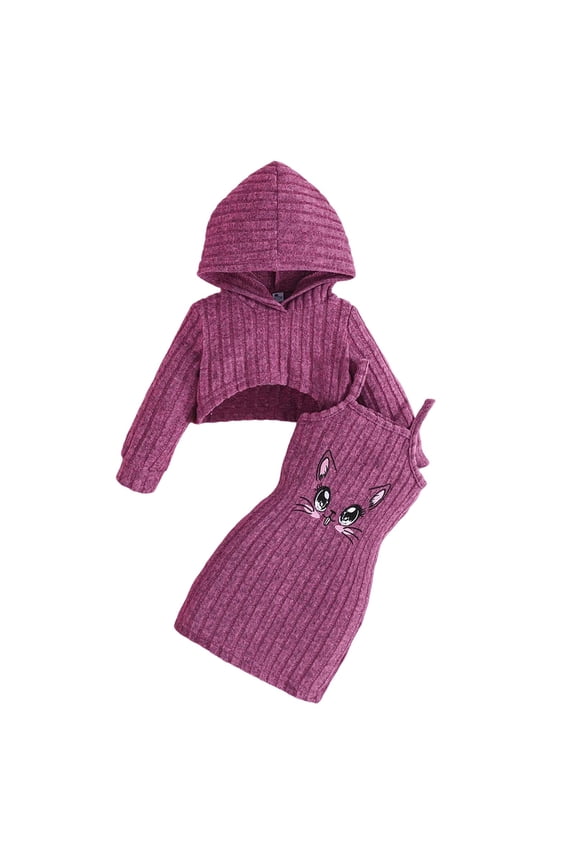 Girls Fall Outfits Long Sleeve Cat Themed Knit Hooded Top And Dress Outfit Cozy Winter Fall Wardrobe Adorable Simple Girls Clothes Purple 9-12 Months