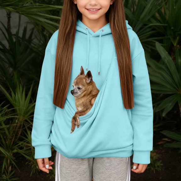 Ulitacool Girls Fall Sweatshirtswith Puppies Cats Shoulder Straps Pockets Long Sleeve Winter Solid Color Hooded Sweatshirts Cat Dog Pouch Hoodie Soft Daily Wear Sky Blue 5-6 Years