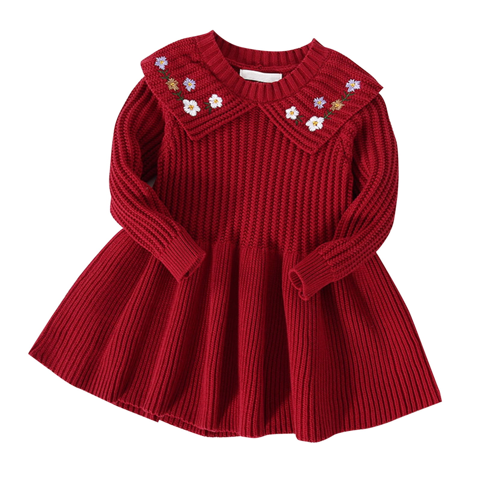 Ulitacool Girls Fall Winter Dress 5-6 Years Baby Knit Autumn Warm Long  Sleeve Flower Princess Dress Clothes Cute Outfits Red
